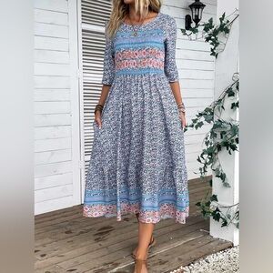 NWT Blue Colorful Floral Patterned Balloon Sleeves Midi Dress Women’s Size XL